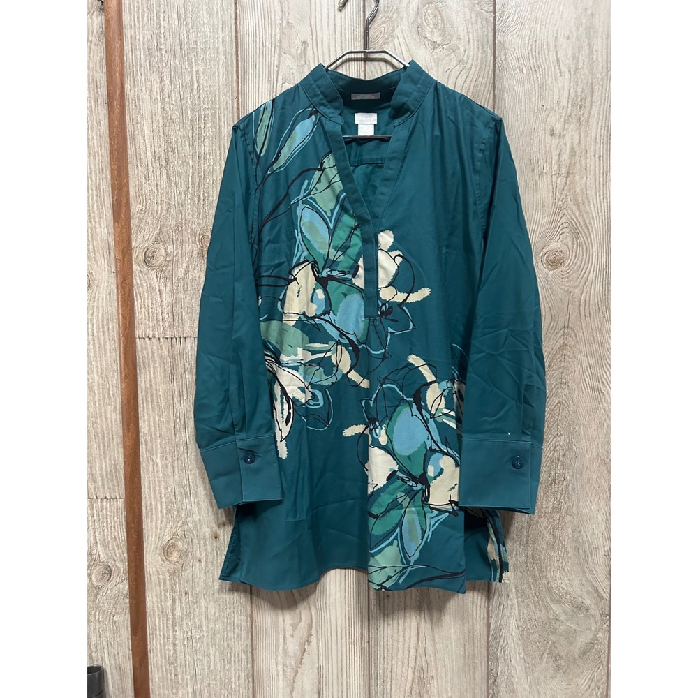 Chicos No Iron Chic Stretch Tunic Top Womens 2 L 12 Teal Green Floral V-Neck - Picture 2 of 7